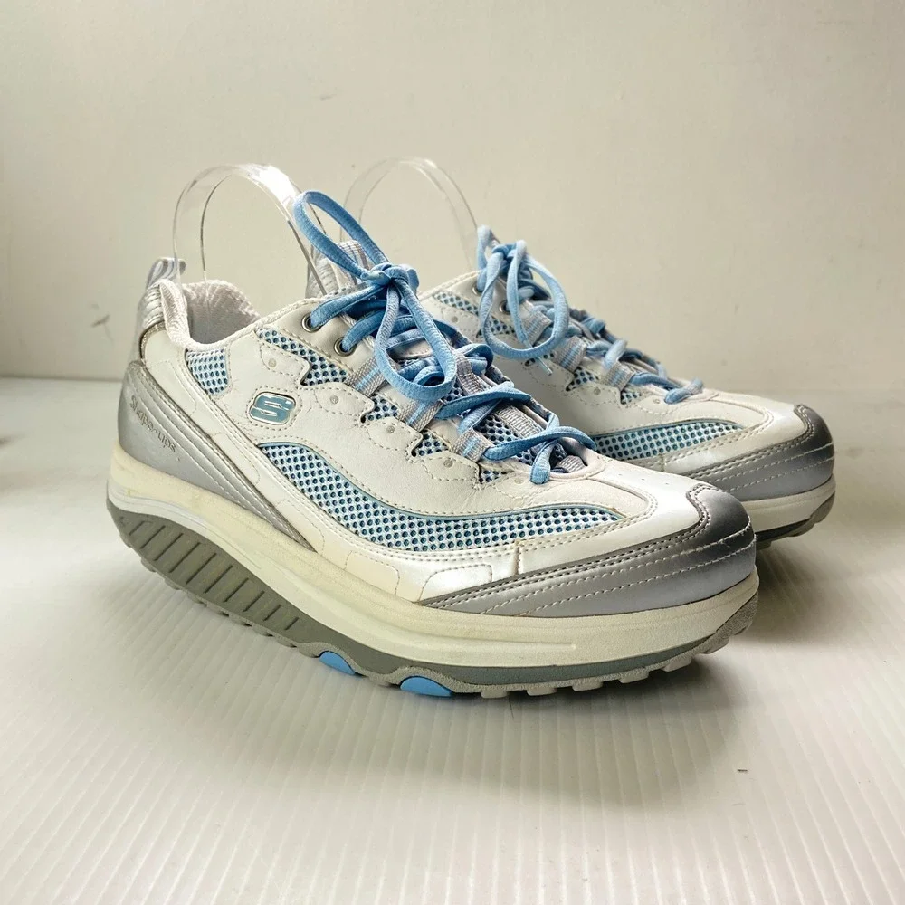 Skechers Shape Ups White Leather Blue Silver Lace Up Sneakers Womens 10